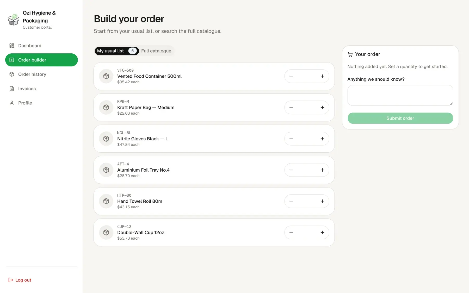 Customer Portal, OZI Hygiene & Packaging