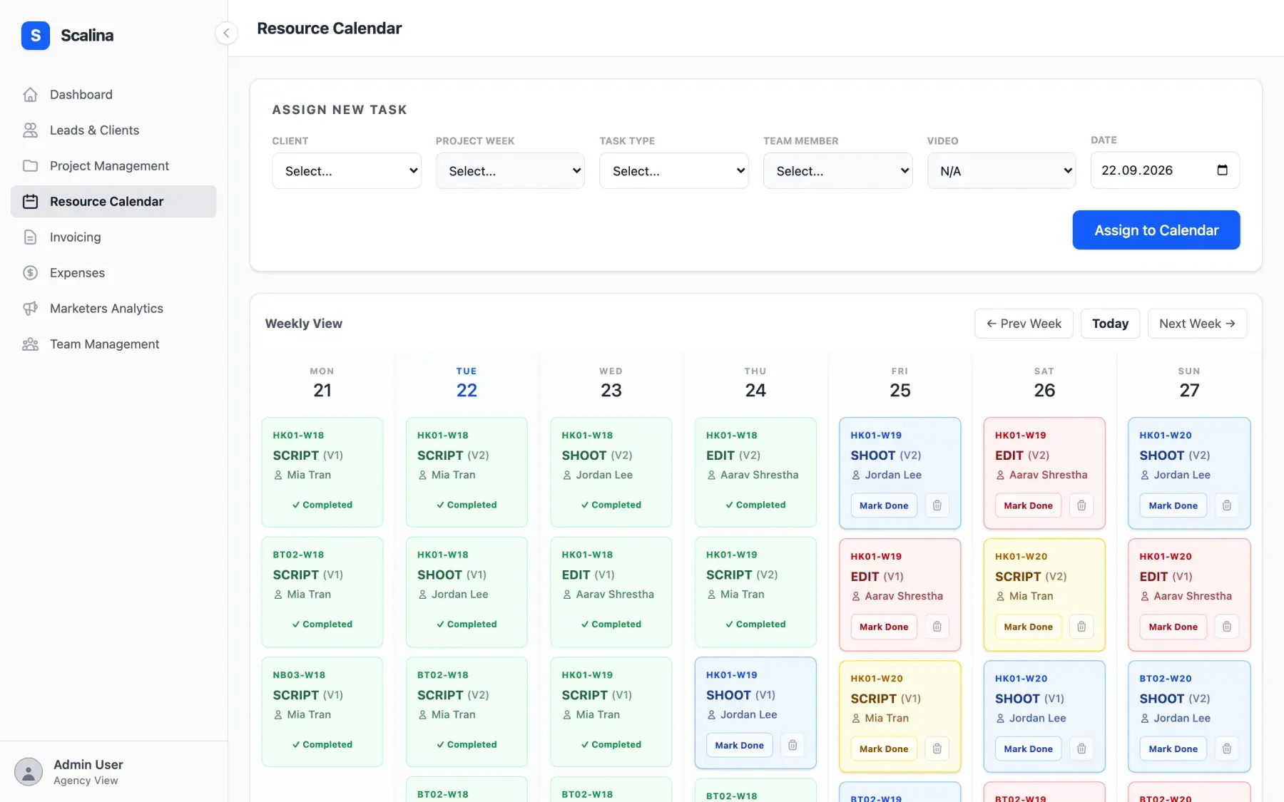 Resource calendar with script, shoot and edit tasks