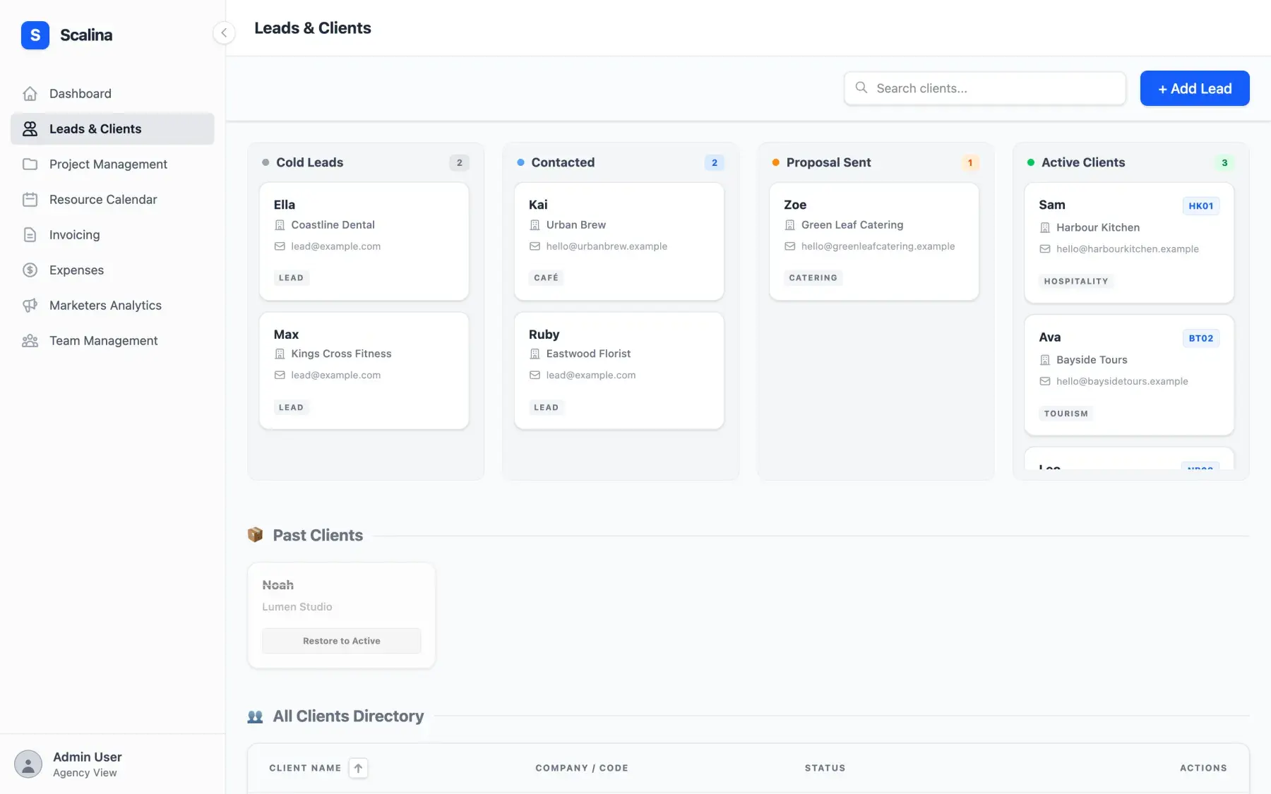 Leads and clients kanban board